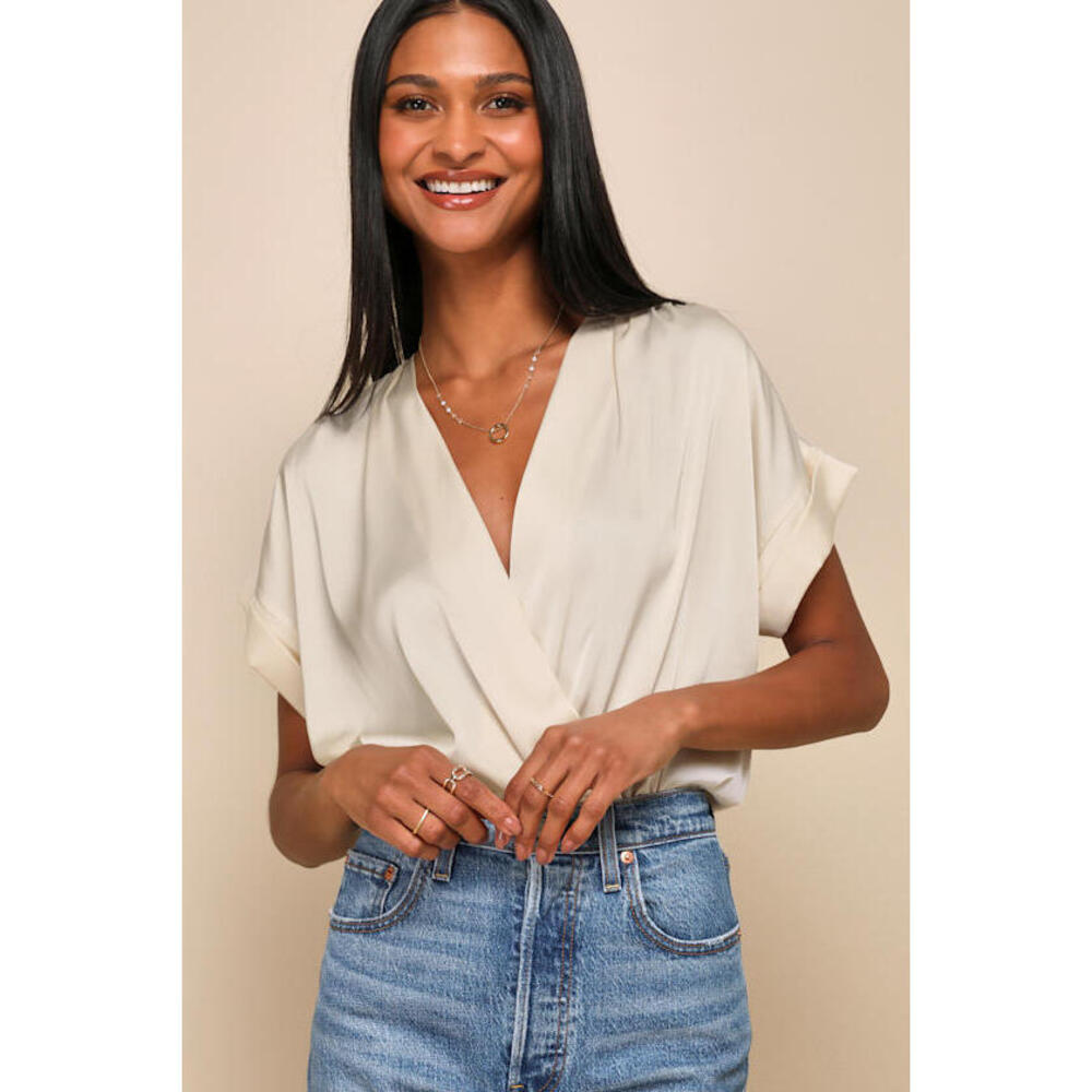 Lulus Posh Precision Champagne Satin Surplice Short Sleeve Bodysuit